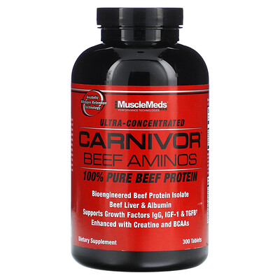 

MuscleMeds, Carnivor Beef Aminos, 100% Pure Beef Protein, 300 Tablets
