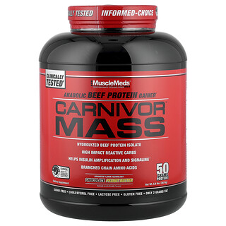 MuscleMeds, Carnivor Mass, Aumento de proteínas anabólicas de carne de res, Mantequilla de maní con chocolate, 2674 g (5,9 lb)