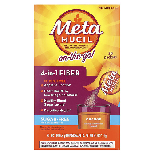 Metamucil On-The-Go, 4-in-1 Fiber, Orange, Sugar Free, 30 Powder Packets, 0.21 oz (5.8 g) Each