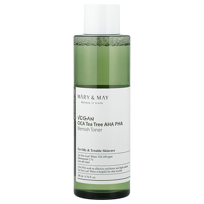 Mary & May, Tónico vegano CICA para eliminar las imperfecciones con AHA y PHA de árbol del té, 200 ml (6,76 oz. líq.)