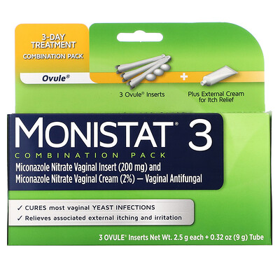 

Monistat 3-Day Treatment Combination Pack 3 Ovule Inserts 2.5 g Each + 0.32 oz (9 g) Tube