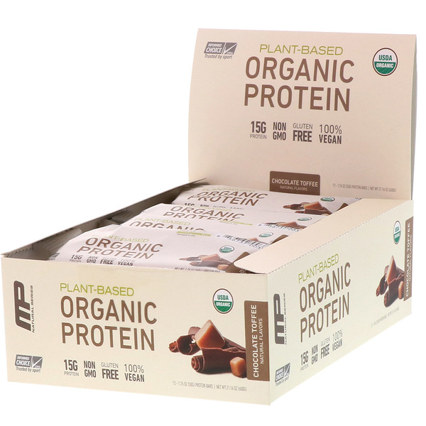 MusclePharm Natural, Natural Series, Plant-Based Organic Protein Bar, Chocolate Toffee, 12 Bars, 1.76 oz (50 g) Each