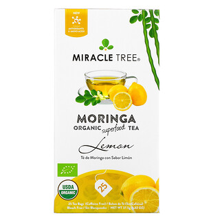 Miracle Tree, モリンガオーガニックスーパーフードティー、レモン、カフェインフリー、ティーバッグ25包入り、37.5g（1.32オンス）