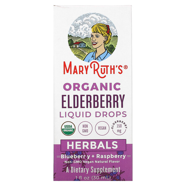 MaryRuth Organics‏, Organic Elderberry Liquid Drops, Herbals, Blueberry + Raspberry, 1 fl oz (30 ml)