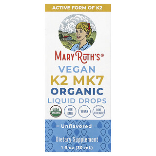 MaryRuth's, Organske veganske K2 MK7 tekuće kapi, bez okusa, 30 ml