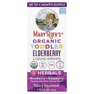 MaryRuth's, Organic Toddler Elderberry Liquid Drops, 1-3 Years, Blueberry + Raspberry, 30 ml (1 fl oz)