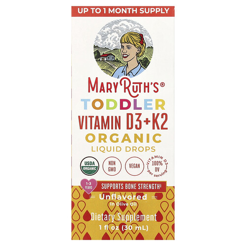 MaryRuth's, Vitamina D3 + K2 en gotas orgánicas para niños pequeños, De 1 a 3 años, Sin sabor, 30 ml (1 oz. Líq.)