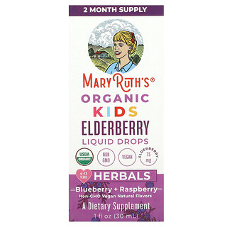 MaryRuth's, Gocce liquide di sambuco biologico per bambini, 4-13 anni, mirtillo e lampone, 75 mg, 30 ml