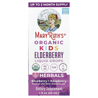 MaryRuth's, Organic Kids Elderberry Liquid Drops, 4+ Years, Blueberry + Raspberry, 1 fl oz (30 ml)
