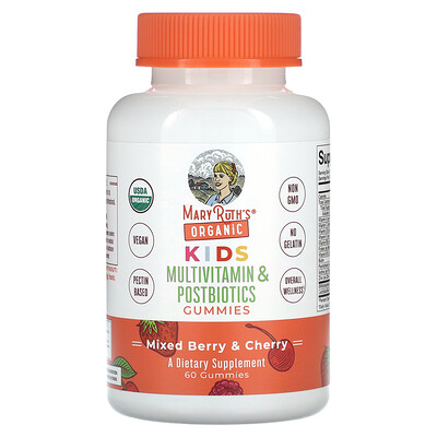 

MaryRuth Organics Organic, для детей, мультивитамины и жевательные таблетки от постбиотиков, смесь ягод и вишни, 60 жевательных таблеток