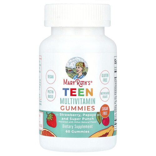 MaryRuth's, Teen Multivitamin Gummies, Multivitamin-Fruchtgummis für Teenager, zuckerfrei, Erdbeere, Papaya und Super Punch, 60 Fruchtgummis