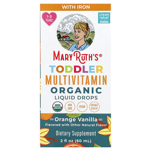 MaryRuth's, Organic Toddler Multivitamin Liquid Drops With Iron, flüssige Bio-Multivitamintropfen mit Eisen für Kleinkinder, 1–3 Jahre, Orange-Vanille, 60 ml (2 fl. oz.)