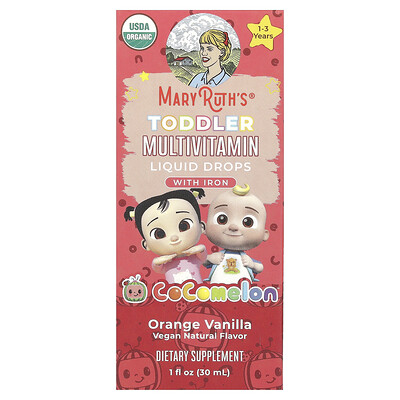Product Image for MaryRuth's, Cocomelon, Toddler Multivitamin, Liquid Drops With Iron, 1 - 3 Years, Orange Vanilla, 1 fl oz (30 ml)