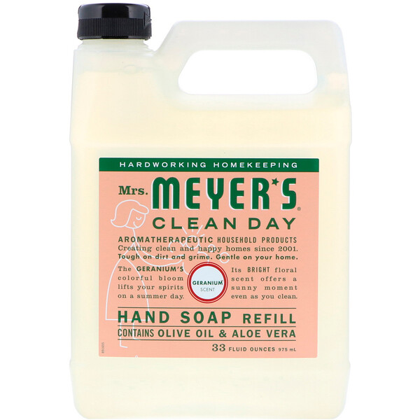 Mrs. Meyers Clean Day, 液體手皂補充液，天竺葵氣味，33液體盎司（975毫升）