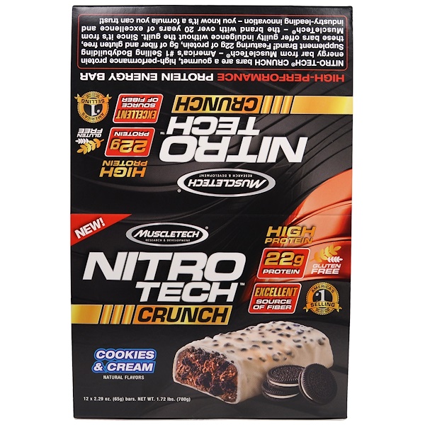 Muscletech, Nitro Tech Crunch Bars, Cookies & Cream, 12 Bars, 2.29 oz