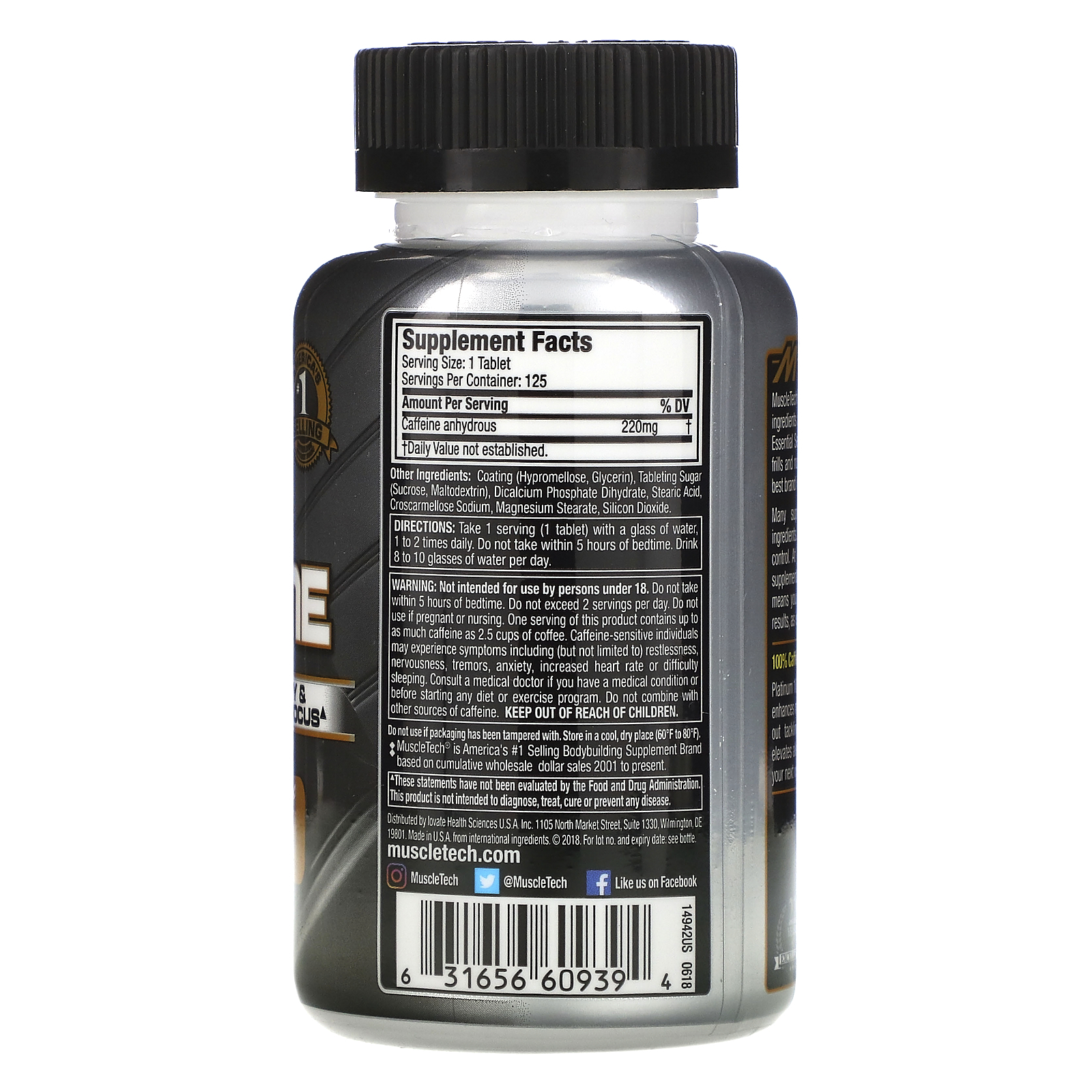 Muscletech, Essential Series, Platinum 100% Caffeine, 220 mg, 125 ...