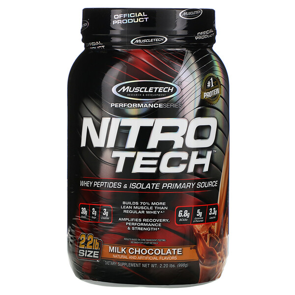 Muscletech, Nitro-Tech Molkenisolat+, Muskelaufbau, Milchschokoladegeschmack, 2,00 lbs (907 g)