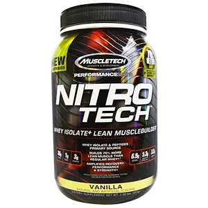 Muscletech, Nitro Tech, сывороточный изолят + наращивание сухой мышечной массы, со вкусом ванили, 2,00 фунта (907 г)