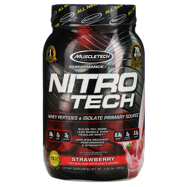 Nitro-Tech، مصل اللبن المعزول + مستحضر بناء العضلات اللينة، فراولة، رطلان (907 جم)