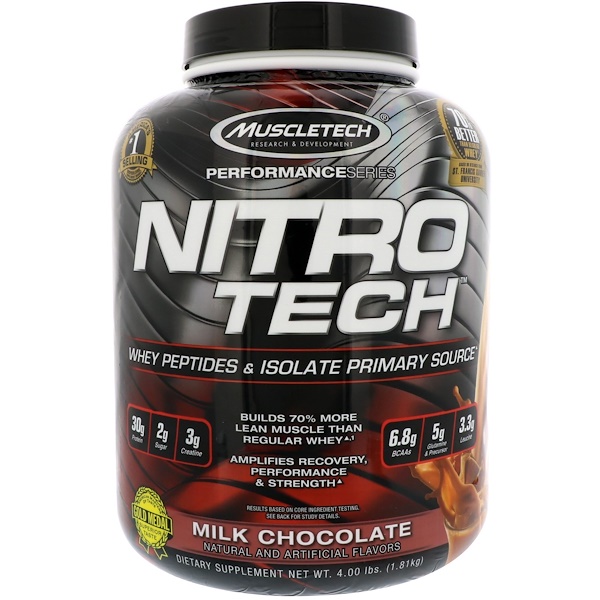 Muscletech, ニトロテック、ホエイペプチドとアイソレートの、プライマリーソース、ミルクチョコレート、4.00 lbs (1.81 kg)