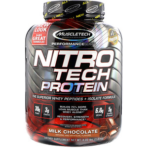 Muscletech, ニトロテック、ホエイペプチドとアイソレートの、プライマリーソース、ミルクチョコレート、4.00 lbs (1.81 kg)