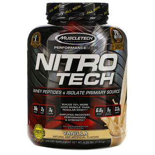 Muscletech, Nitro Tech، مصدر رئيسي لببتيدات مصل اللبن والمواد المعزولة، بالفانيليا، 4 أرطال (1.81 كجم)