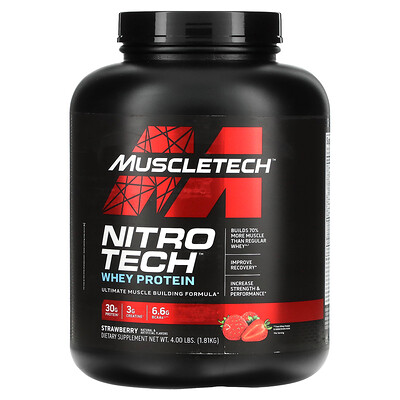 

MuscleTech серия Performance, Nitro Tech, основной источник сывороточных пептидов и изолятов, клубничный вкус, 1,81 кг (4 фунта)