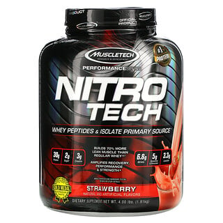 Muscletech, سلسلة تحسين الأداء، Nitro Tech، مصدر رئيسي لببتيدات مصل اللبن والمواد المعزولة، نكهة الفراولة، 4.00 أرطال (1.81 كجم)