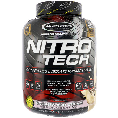 Nitro Tech, сывороточный изолят + смесь для роста сухой мышечной массы, вкус печенья с кремом, 1,80 кг (3,97 фунта)