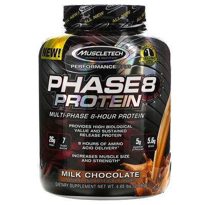 Muscletech Performance Series, Phase8, многоступенчатый 8-часовой протеин, со вкусом молочного шоколада, 2,09 кг (4,60 фунта)