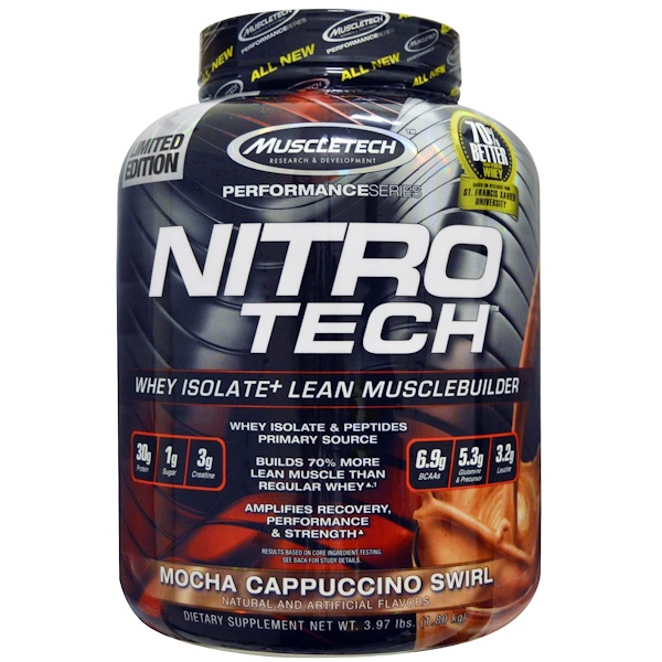 Muscletech, NitroTech, ホエイ分離物+ 健康的な筋肉増強, モカカプチーノスワール, 1.80 kg