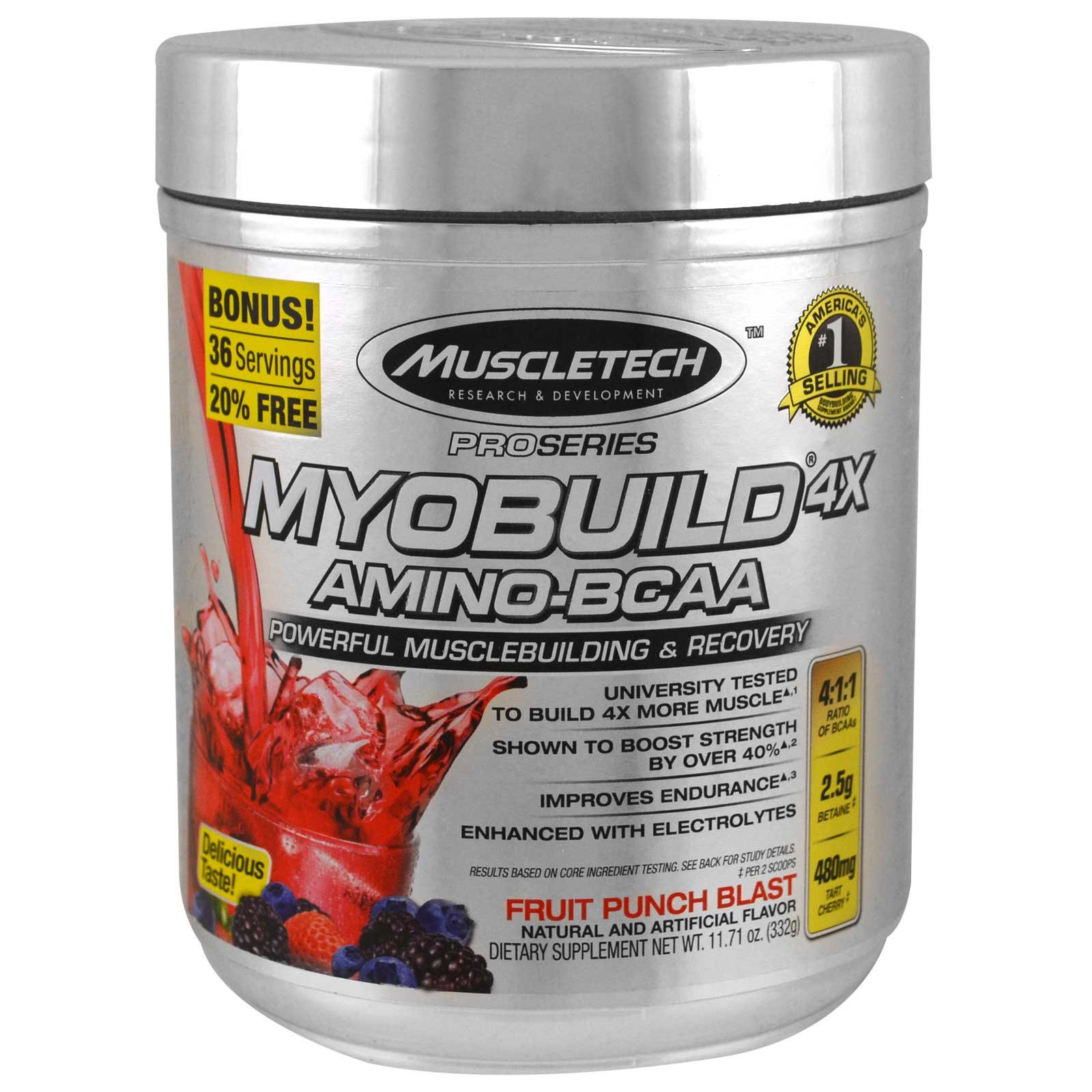 Muscletech, MyoBuild 4X Amino-BCAA, Fruit Punch Blast, 11.71 oz (332 g ...