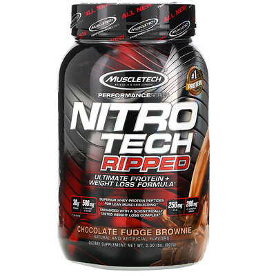 Muscletech Nitro Tech Ripped, чистый протеин + формула для похудения, со вкусом брауни с шоколадной помадкой, 907 г (2 фунта)
