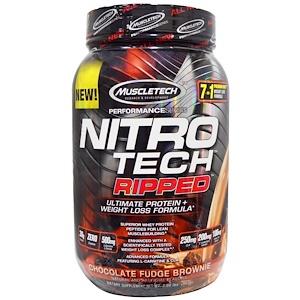 Muscletech, Nitro Tech, Ripped, потрясающая формула потери веса протеин+, брауни шоколадный фадж, 907 г (2,00 фунта)