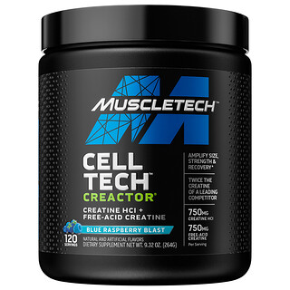 Muscletech, Cell Tech CREACTOR, гидрохлорид креатина и креатин в свободной форме, со вкусом голубой малины, 264 г (9,32 унции)