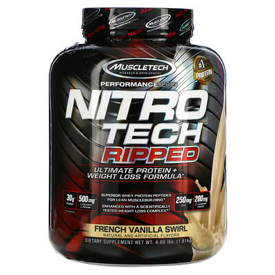 Muscletech Nitro Tech Ripped, чистый протеин + формула для похудения, французская ваниль, 1,81 кг (4 фунта)
