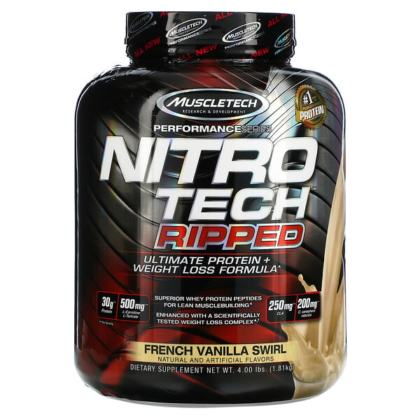 Muscletech‏, Nitro Tech Ripped, נוסחת חלבונים + ירידה מיטבית במשקל, וניל צרפתי בצורת מערבולת, 1.81 ק"ג (4 lbs)