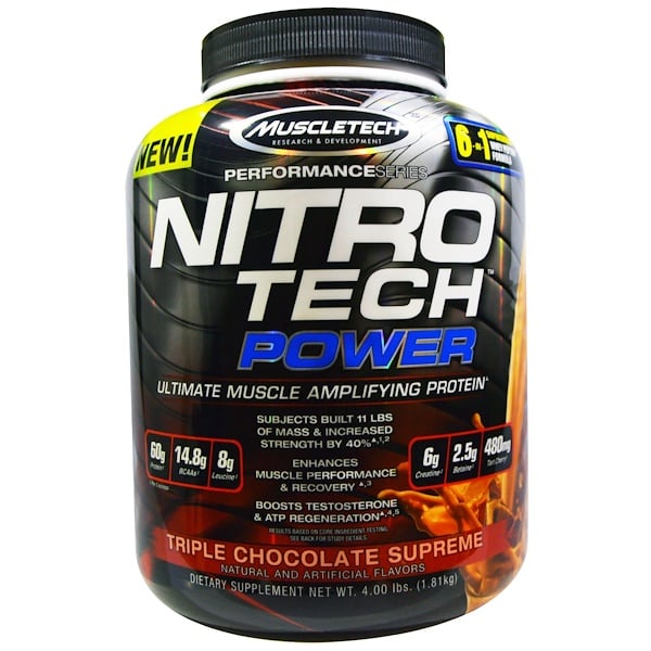 Muscletech, Nitro Tech（ニトロテック）パワー、究極の筋肉増幅ホエイタンパク質パウダー、トリプルチョコレートシュプリーム、1.81 kg