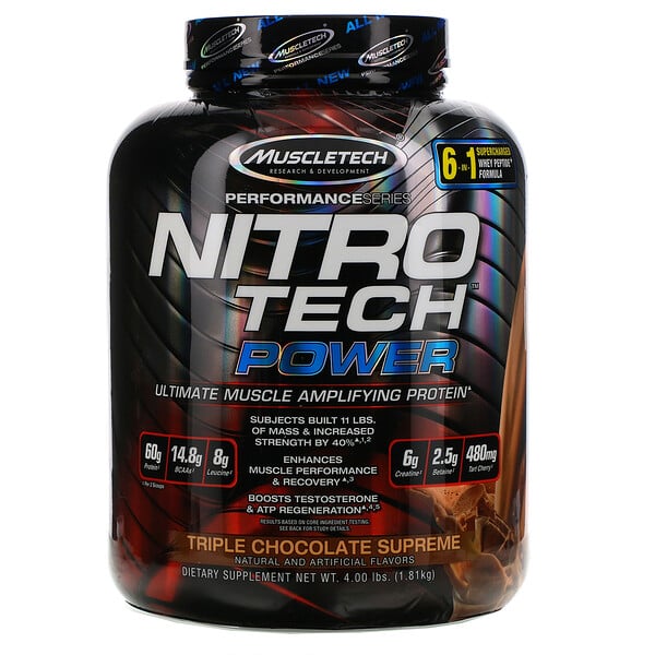 Muscletech, Nitro Tech Power, Ultimate Muscle Amplifying Whey Protein Powder, Triple Chocolate Supreme, 4.00 lbs (1.81 kg)