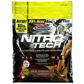Muscletech, Nitro Tech, Isolado de Proteína Whey + Construtor de Massa Muscular Magra, Chocolate ao Leite, 4,54 kg (10 lb)