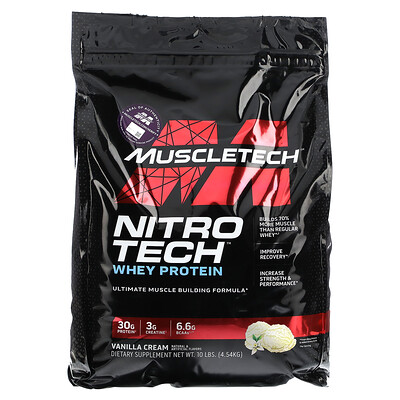 

MuscleTech Performance Series, Nitro Tech, сывороточные пептиды и изолят для наращивания мышечной массы, ваниль, 4,54 кг (10 фунтов)