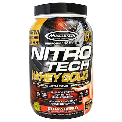 Nitro Tech, 100% Whey Gold, со вкусом клубники, 999 г (2,20 фунта)