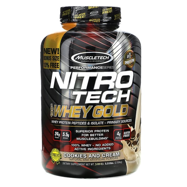 Muscletech, Nitro Tech（ニトロテック）、100％ホエイゴールド、クッキーアンドクリーム、2.50kg（5.51ポンド）