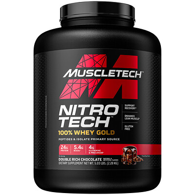 Muscletech Nitro Tech, 100% Whey Gold, сывороточный протеин в порошке, двойной шоколад, 2,51 кг (5,54 фунта)