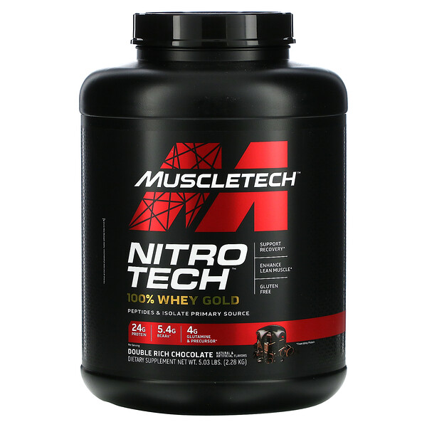 Muscletech‏, Nitro Tech, אבקת מי חלבון 100% Gold, אבקת חלבון מי גבינה, דאבל שוקולד עשיר, 2.51 ק"ג (5.54 ליברות)