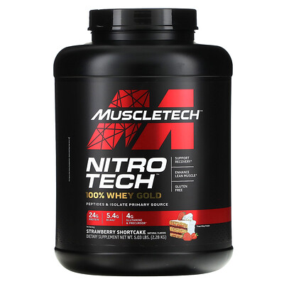 

MuscleTech Nitro Tech, 100% Whey Gold, вкус песочного печенья с клубникой, 2,28 кг (5,03 фунта)