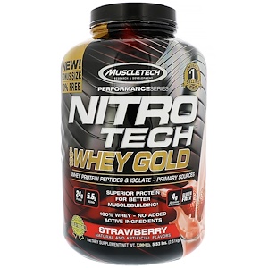 Купить Muscletech, Nitro Tech 100% Whey Gold, клубника, 5.53 фунтов (2.51 кг)  на IHerb