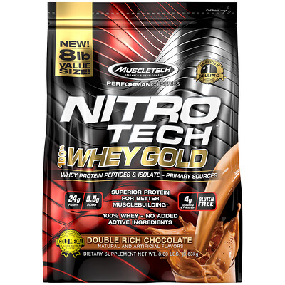 Muscletech Nitro Tech, 100% Whey Gold, сывороточный белок в порошке, двойной шоколад, 3,63 кг (8 фунтов)