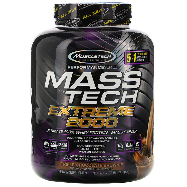 Muscletech, Mass Tech Extreme 2000, براونيز بالشوكولا الثلاثية , 7.00 باوند (3.18 كلغ)