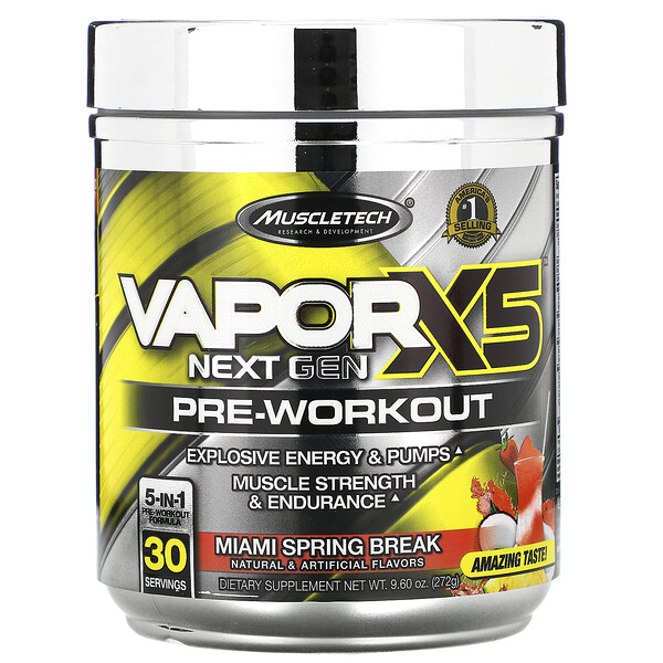 Muscletech, VaporX5（ヴェイパーX5）、Next Gen（ネクストジェン）、プレワークアウト、マイアミスプリングブレイク、272g（9.60オンス）
